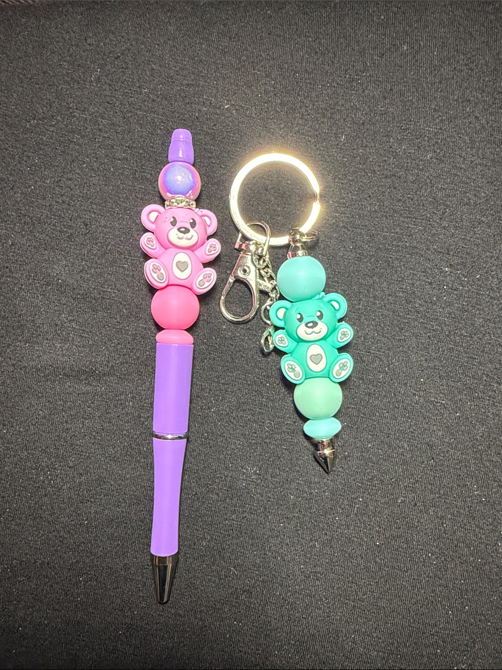 Purple and Teal Bear Bead Pen & Keychain Set
